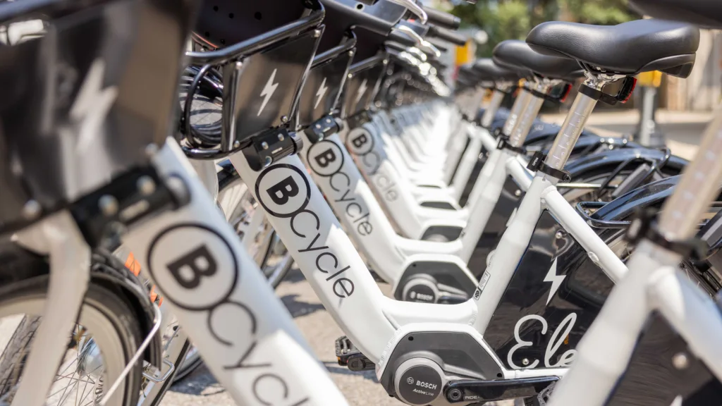 Photo of BCycle bike share bicycles lined up in a row